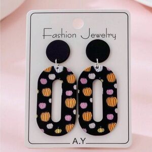 Fall Halloween Polymer Texture Post Dangle Earrings Black With Pumpkins NWT